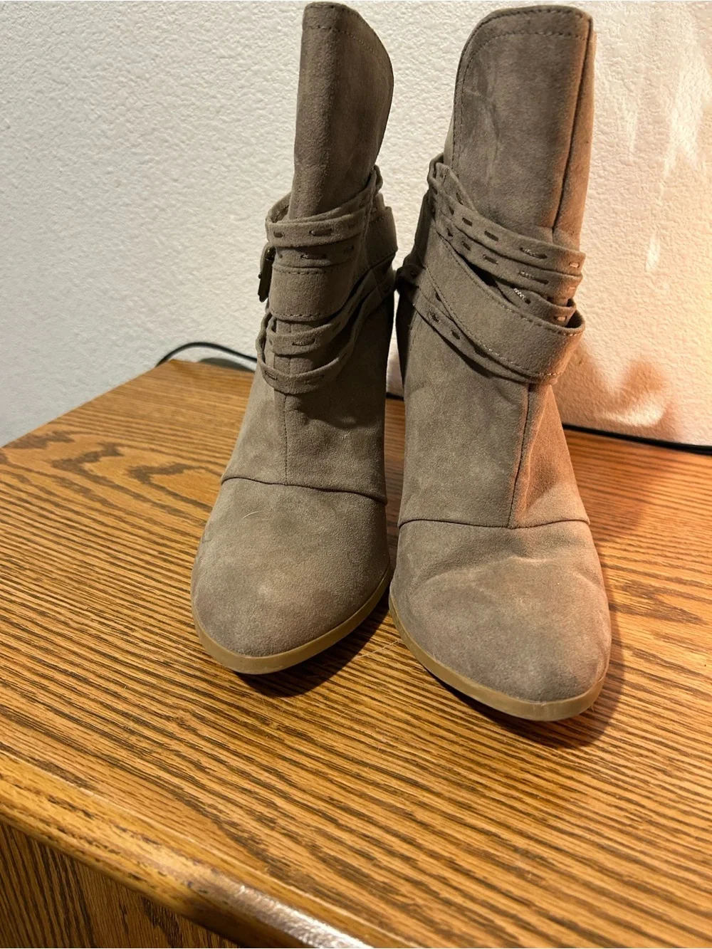 Qupid Taupe Suede Ankle Booties with Wrap Strap & Tassel
